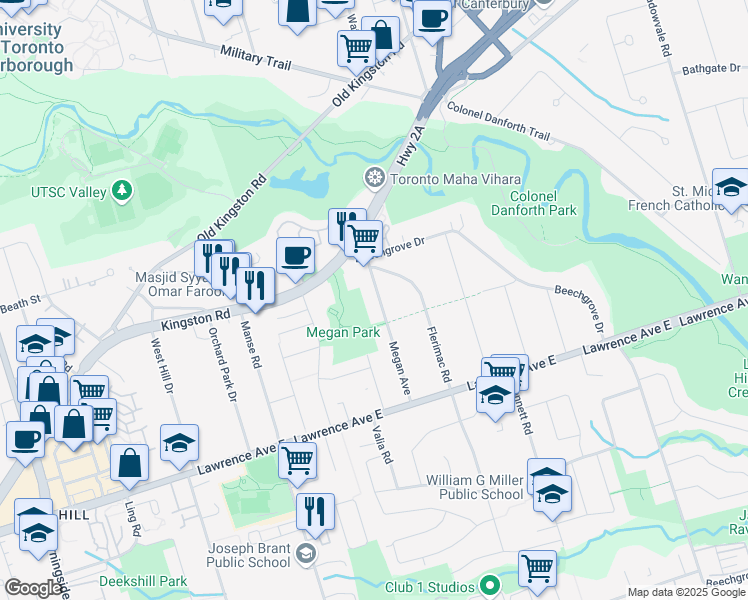 map of restaurants, bars, coffee shops, grocery stores, and more near 46 Megan Avenue in Toronto