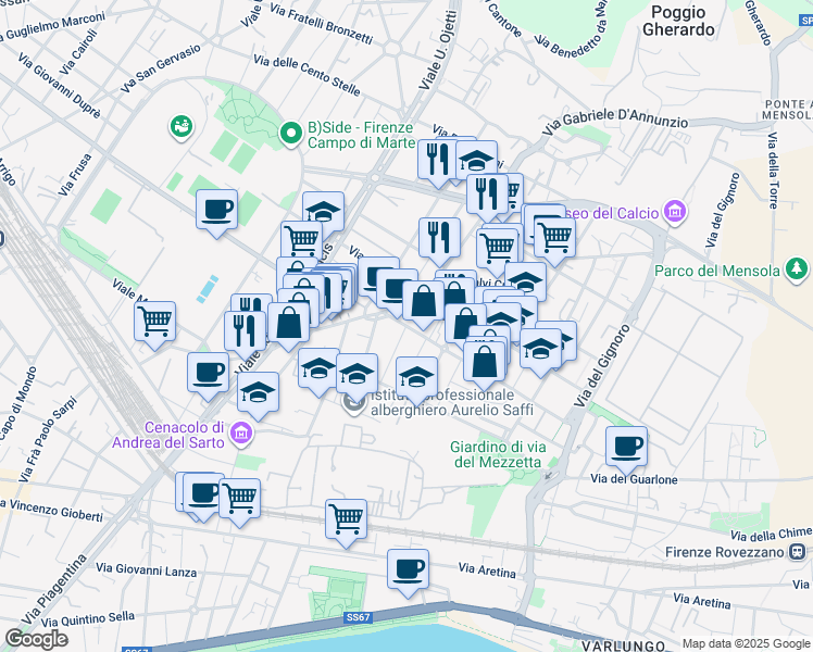 map of restaurants, bars, coffee shops, grocery stores, and more near 23 Via dei Frullani in Florence