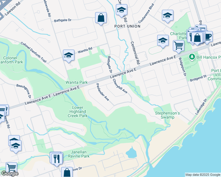 map of restaurants, bars, coffee shops, grocery stores, and more near 29 Rodarick Drive in Toronto