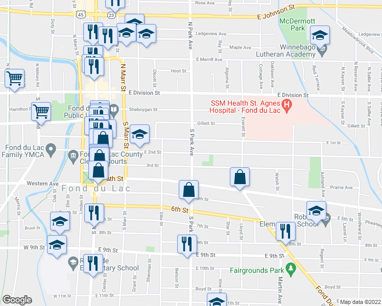 map of restaurants, bars, coffee shops, grocery stores, and more near 208 East 2nd Street in Fond du Lac