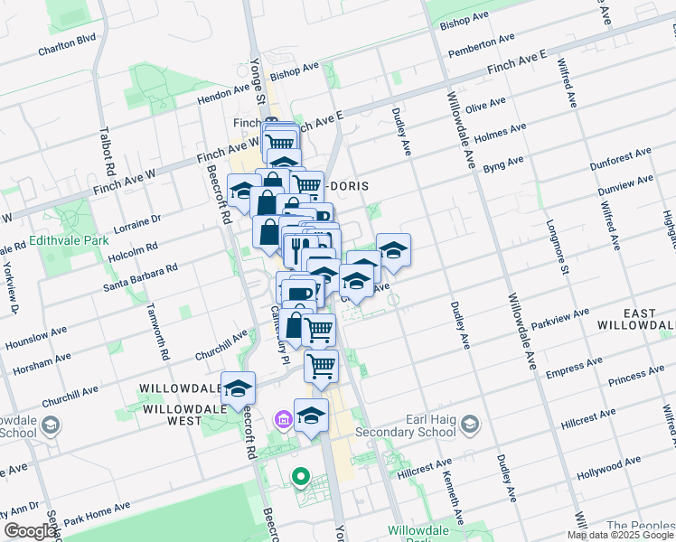 map of restaurants, bars, coffee shops, grocery stores, and more near 115 Grandview Way in Toronto