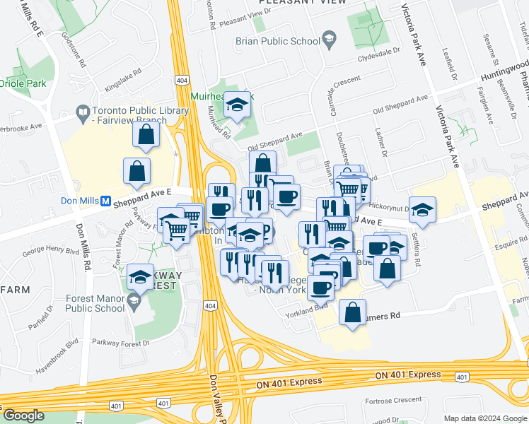 map of restaurants, bars, coffee shops, grocery stores, and more near in Toronto