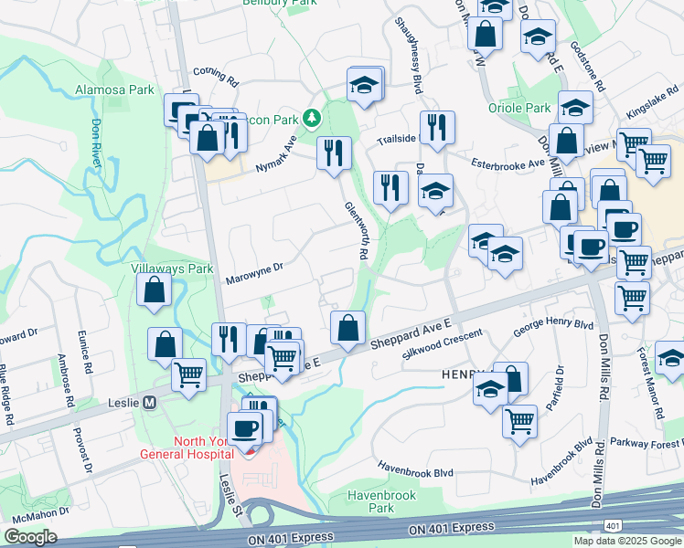 map of restaurants, bars, coffee shops, grocery stores, and more near in Toronto