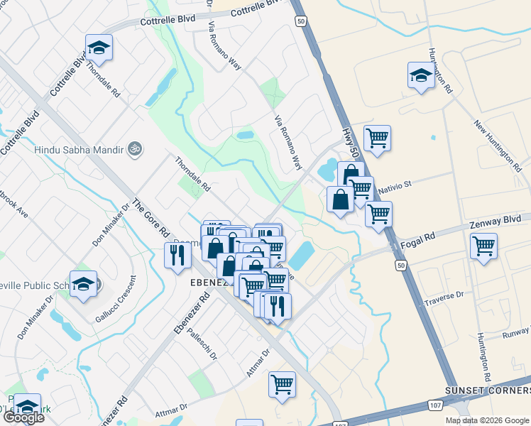 map of restaurants, bars, coffee shops, grocery stores, and more near 12 Edgevalley Court in Brampton
