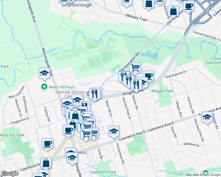 map of restaurants, bars, coffee shops, grocery stores, and more near 65 Orchard Park Drive in Toronto