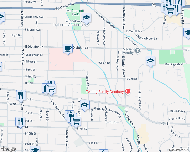 map of restaurants, bars, coffee shops, grocery stores, and more near 109 Woodward Street in Fond du Lac