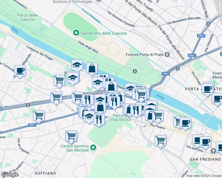 map of restaurants, bars, coffee shops, grocery stores, and more near 18-20 Via del Pignoncino in Florence