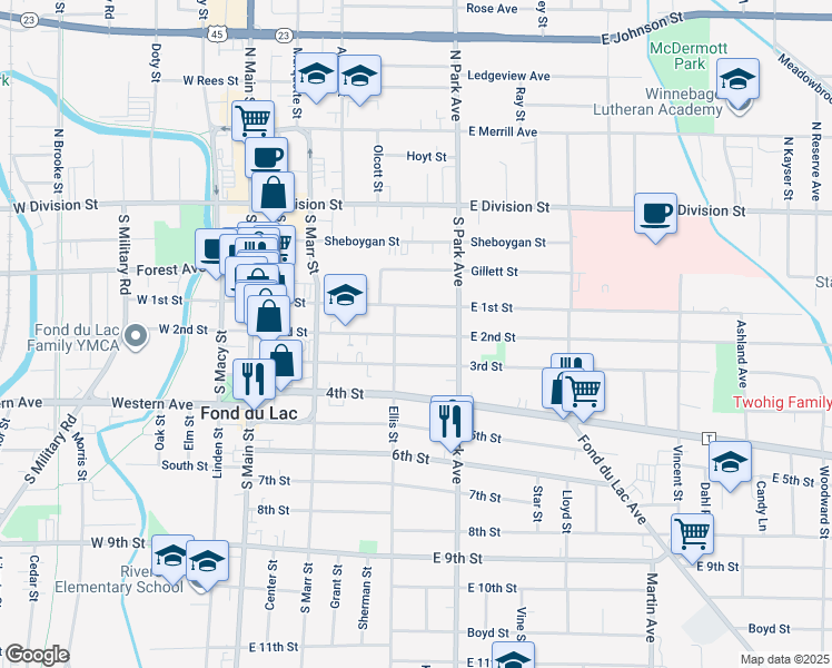 map of restaurants, bars, coffee shops, grocery stores, and more near 187 East 1st Street in Fond du Lac