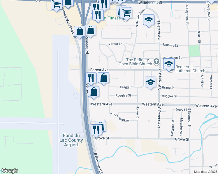 map of restaurants, bars, coffee shops, grocery stores, and more near 125 South Pioneer Parkway in Fond du Lac