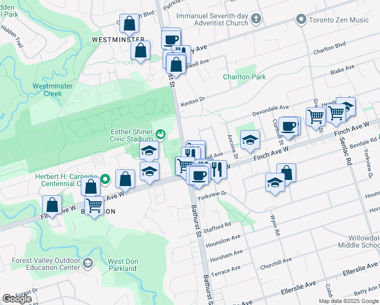 map of restaurants, bars, coffee shops, grocery stores, and more near 4979 Bathurst Street in Toronto