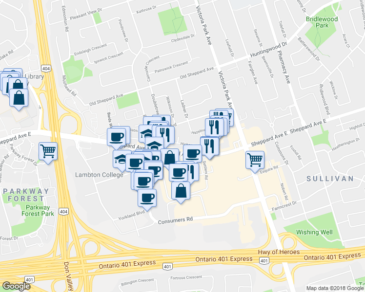 map of restaurants, bars, coffee shops, grocery stores, and more near 53 Hickorynut Drive in Toronto