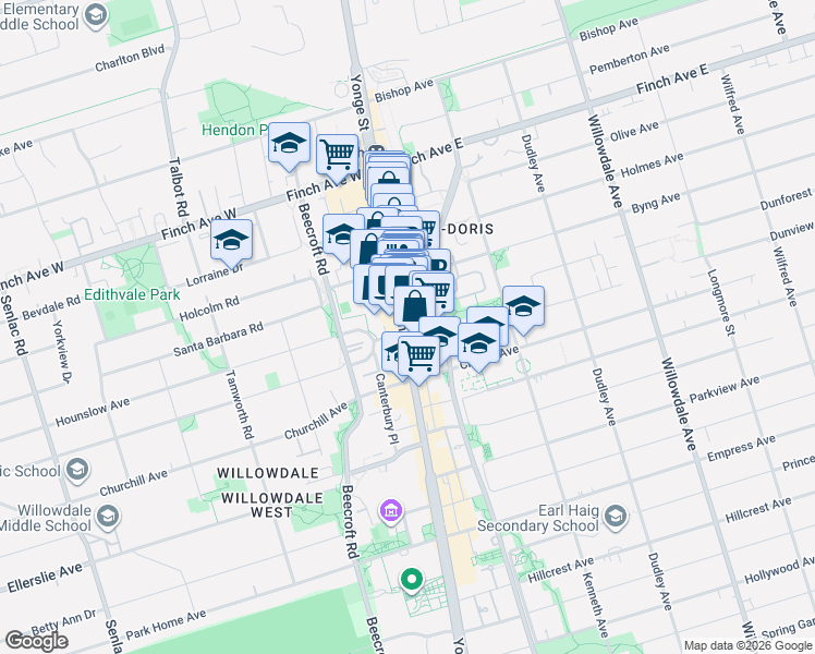 map of restaurants, bars, coffee shops, grocery stores, and more near 10 Northtown Way in Toronto