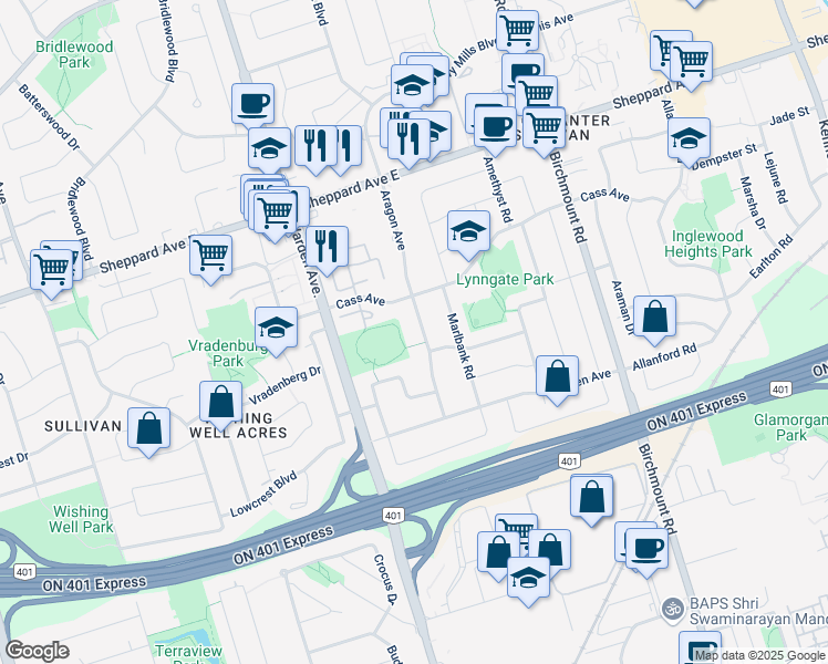 map of restaurants, bars, coffee shops, grocery stores, and more near 101 Cass Avenue in Toronto