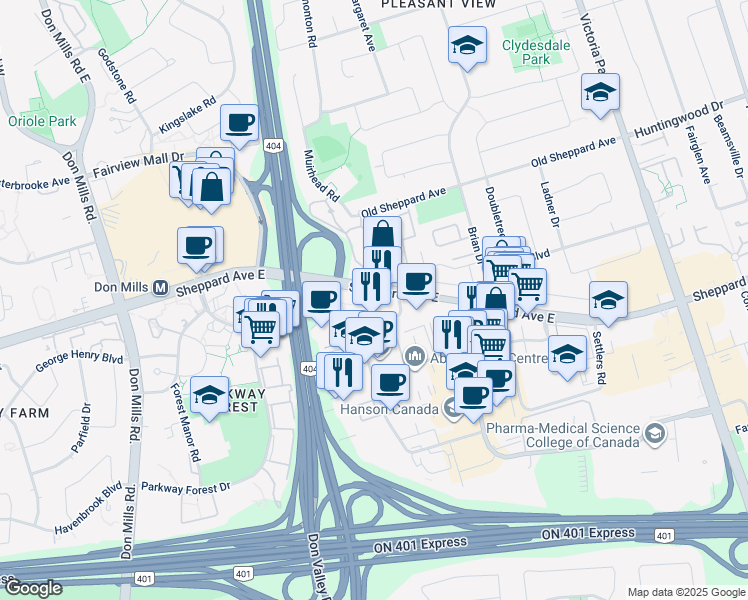 map of restaurants, bars, coffee shops, grocery stores, and more near in Toronto