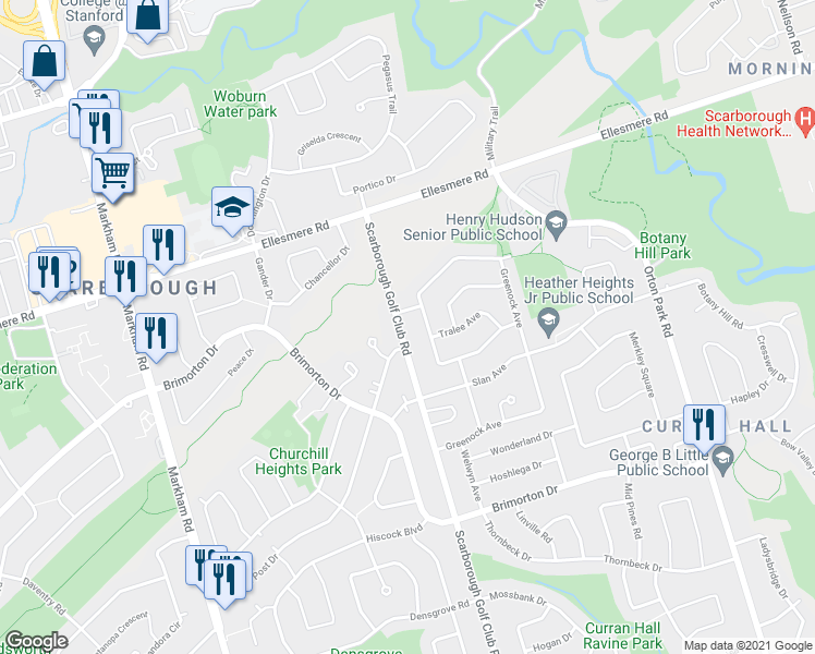 map of restaurants, bars, coffee shops, grocery stores, and more near 937 Scarborough Golf Club Road in Toronto