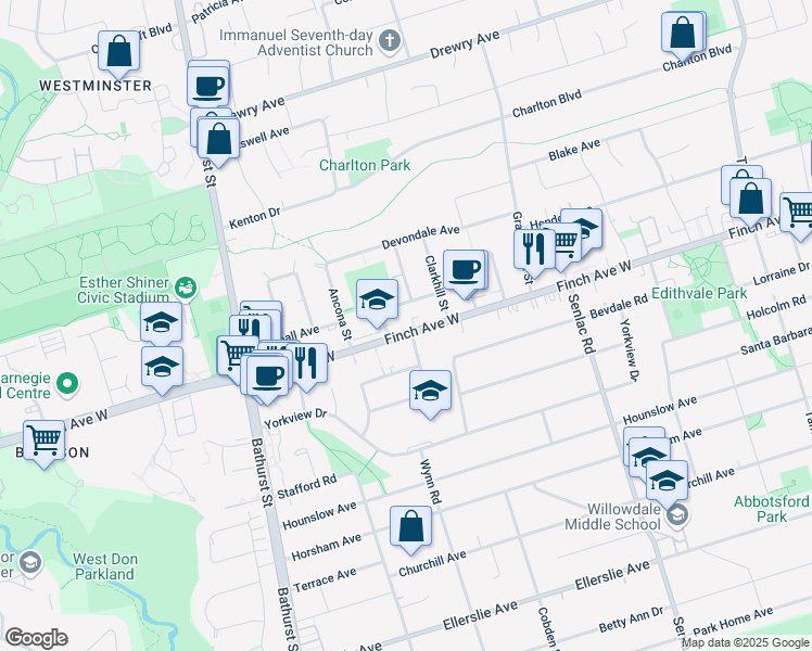 map of restaurants, bars, coffee shops, grocery stores, and more near 240 Finch Avenue West in Toronto