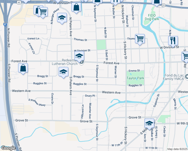map of restaurants, bars, coffee shops, grocery stores, and more near 546 Emma Street in Fond du Lac