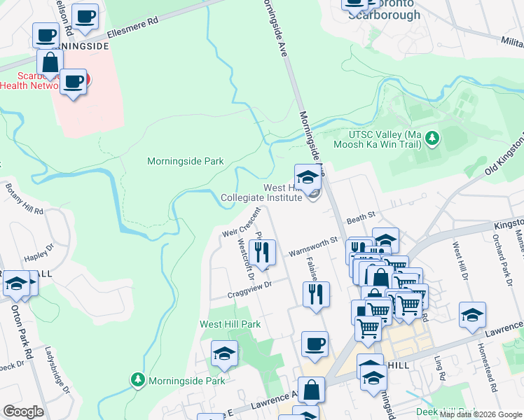 map of restaurants, bars, coffee shops, grocery stores, and more near 84 Weir Crescent in Toronto