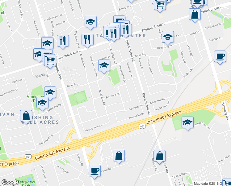 map of restaurants, bars, coffee shops, grocery stores, and more near 36 Birchard Street in Toronto