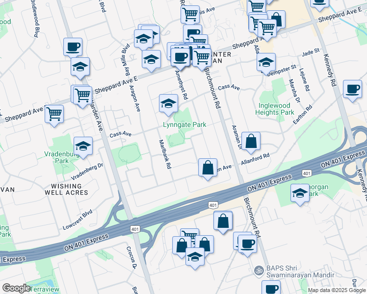 map of restaurants, bars, coffee shops, grocery stores, and more near 44 Corundum Crescent in Toronto
