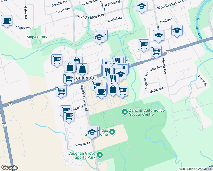 map of restaurants, bars, coffee shops, grocery stores, and more near 24 Woodstream Boulevard in Vaughan