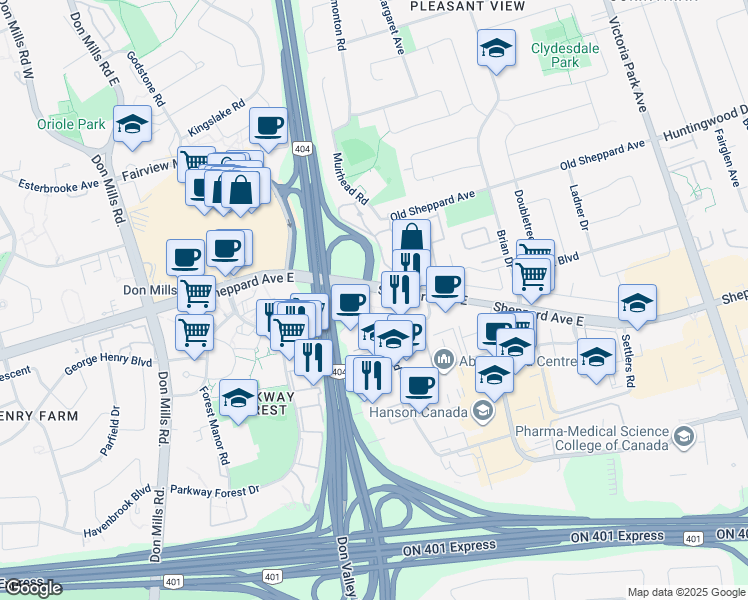 map of restaurants, bars, coffee shops, grocery stores, and more near 2015 Sheppard Avenue East in Toronto