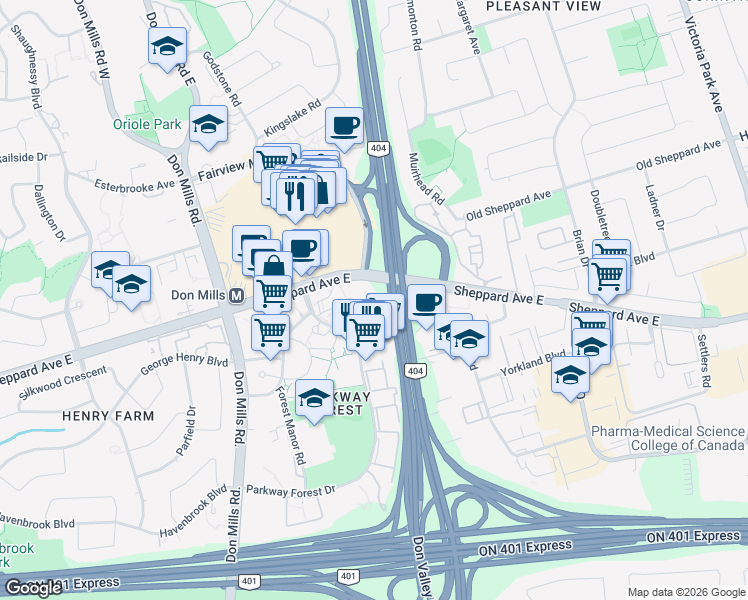 map of restaurants, bars, coffee shops, grocery stores, and more near 7460 Sheppard Avenue East in Toronto