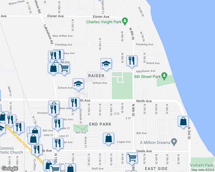 map of restaurants, bars, coffee shops, grocery stores, and more near 8 School Avenue in Sheboygan