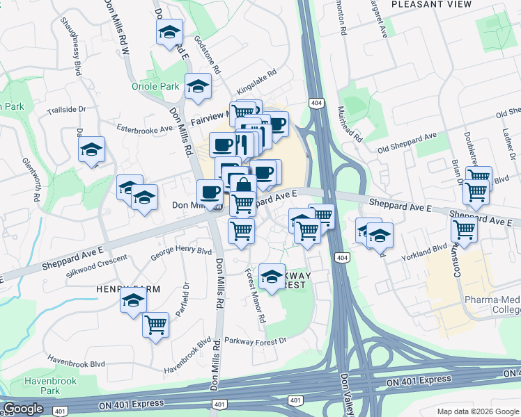 map of restaurants, bars, coffee shops, grocery stores, and more near 1751 Sheppard Avenue East in Toronto