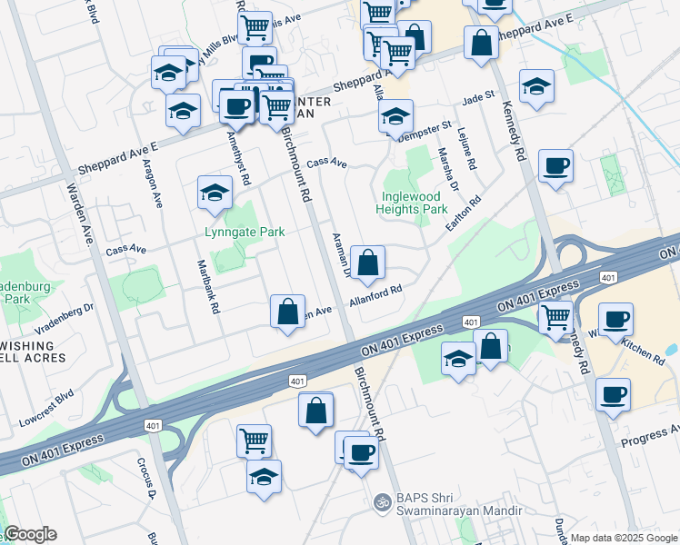 map of restaurants, bars, coffee shops, grocery stores, and more near 42 Araman Drive in Toronto