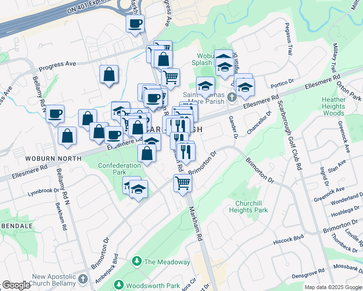 map of restaurants, bars, coffee shops, grocery stores, and more near 1125 Markham Road in Toronto