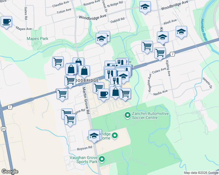 map of restaurants, bars, coffee shops, grocery stores, and more near 24 Woodstream Boulevard in Vaughan