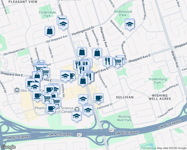 map of restaurants, bars, coffee shops, grocery stores, and more near 2933 Sheppard Avenue East in Toronto
