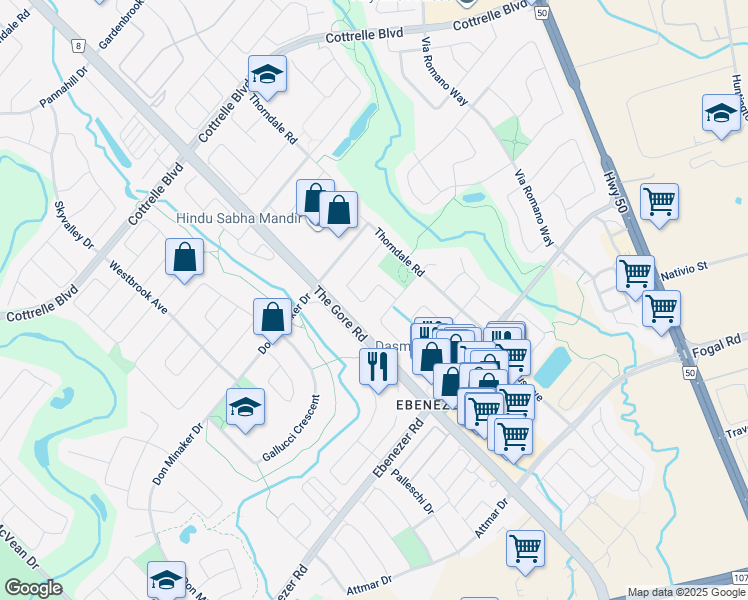 map of restaurants, bars, coffee shops, grocery stores, and more near 64 Angelucci Drive in Brampton