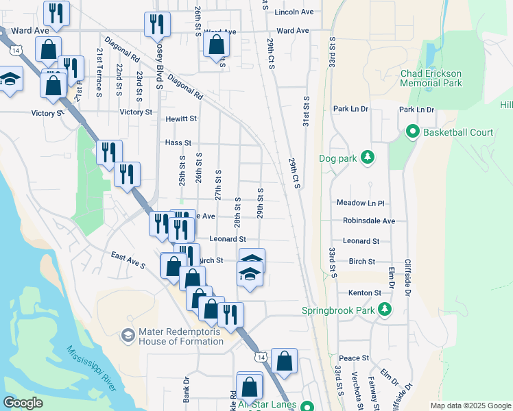 map of restaurants, bars, coffee shops, grocery stores, and more near 2821 Highland Street in La Crosse