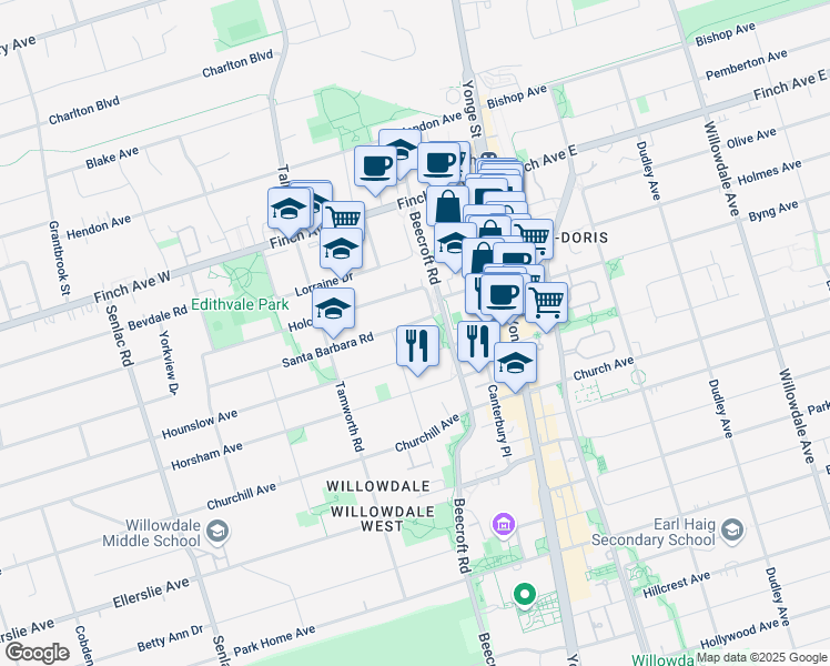 map of restaurants, bars, coffee shops, grocery stores, and more near 37 Santa Barbara Road in Toronto