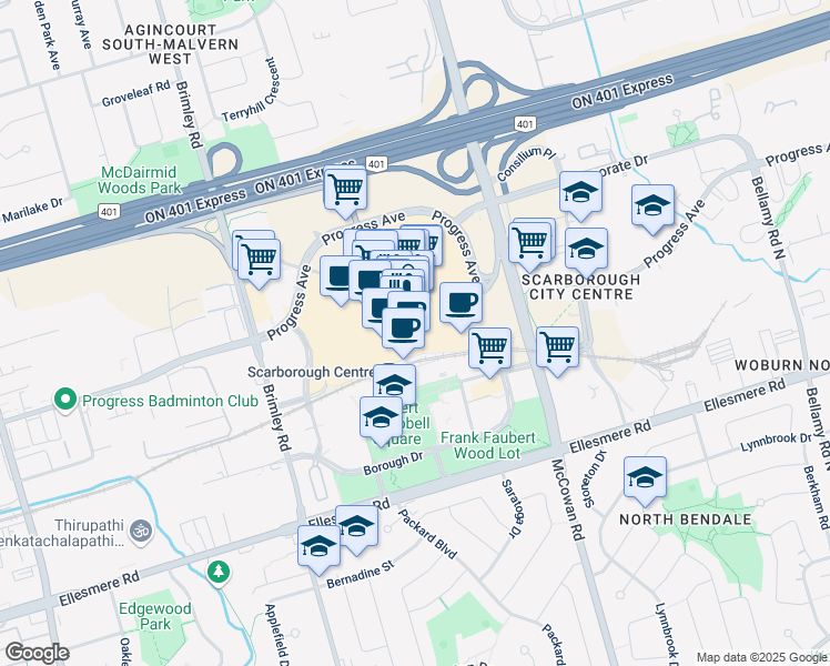 map of restaurants, bars, coffee shops, grocery stores, and more near 300 Borough Drive in Toronto