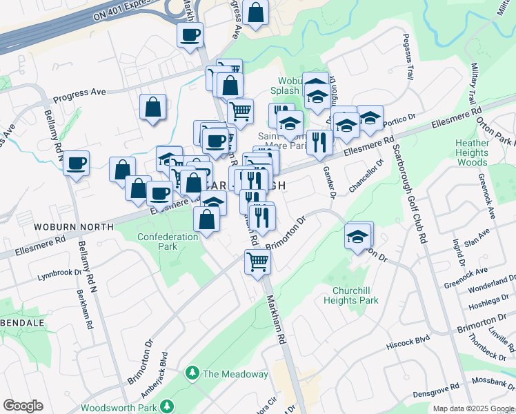 map of restaurants, bars, coffee shops, grocery stores, and more near 1125 Markham Road in Toronto
