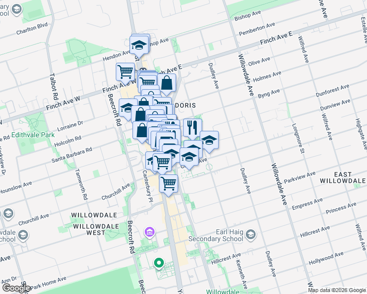 map of restaurants, bars, coffee shops, grocery stores, and more near 824 Grandview Way in Toronto