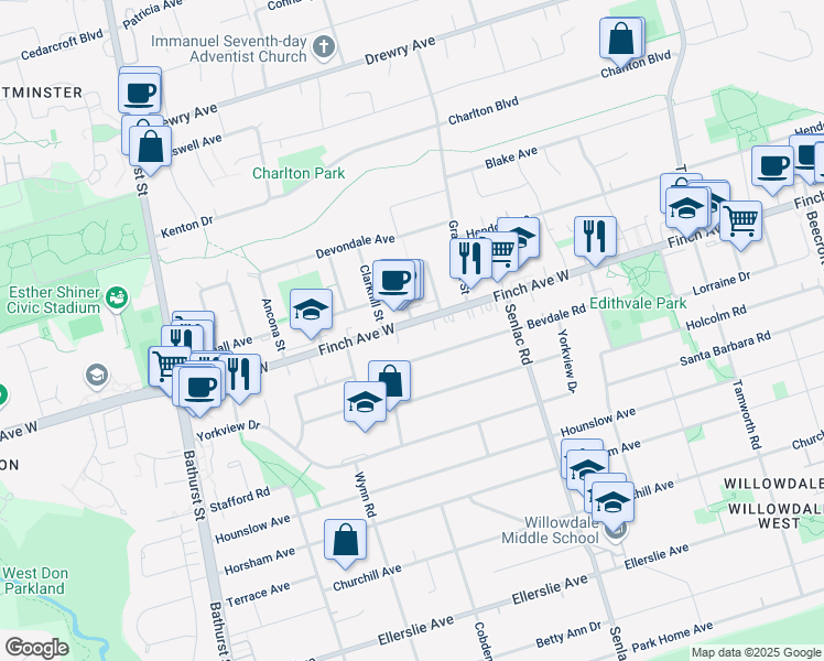 map of restaurants, bars, coffee shops, grocery stores, and more near 211 Finch Avenue West in Toronto