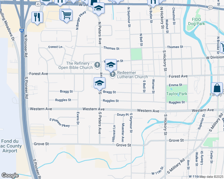 map of restaurants, bars, coffee shops, grocery stores, and more near 600 Emma Street in Fond du Lac