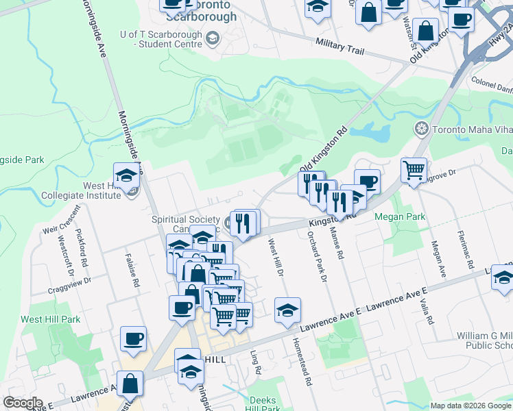 map of restaurants, bars, coffee shops, grocery stores, and more near 50 Old Kingston Road in Toronto