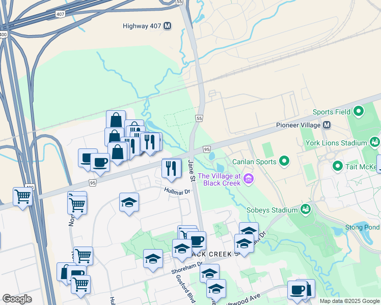 map of restaurants, bars, coffee shops, grocery stores, and more near Jane St & Steeles Ave W in York Regional Municipality