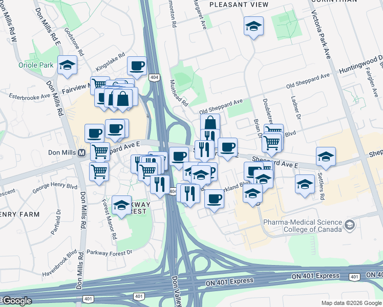 map of restaurants, bars, coffee shops, grocery stores, and more near 2015 Sheppard Avenue East in Toronto