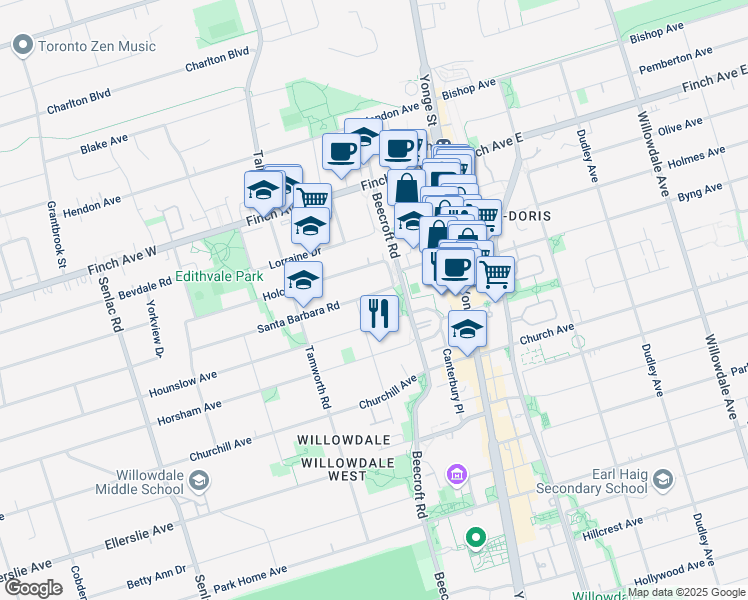 map of restaurants, bars, coffee shops, grocery stores, and more near in Toronto