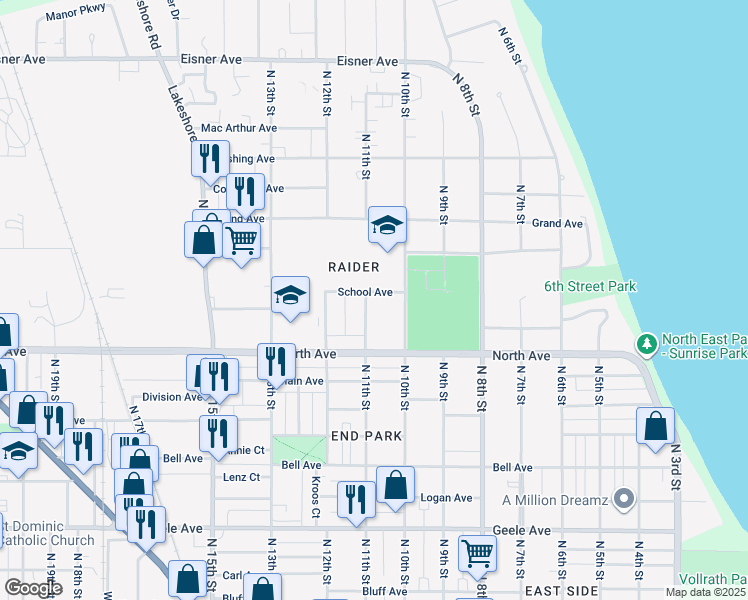 map of restaurants, bars, coffee shops, grocery stores, and more near 2805 North 11th Street in Sheboygan
