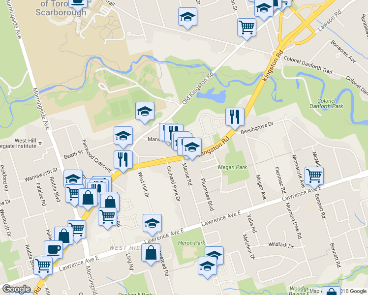 map of restaurants, bars, coffee shops, grocery stores, and more near 8 Stornoway Court in Toronto