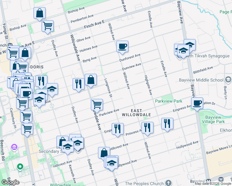 map of restaurants, bars, coffee shops, grocery stores, and more near in Toronto
