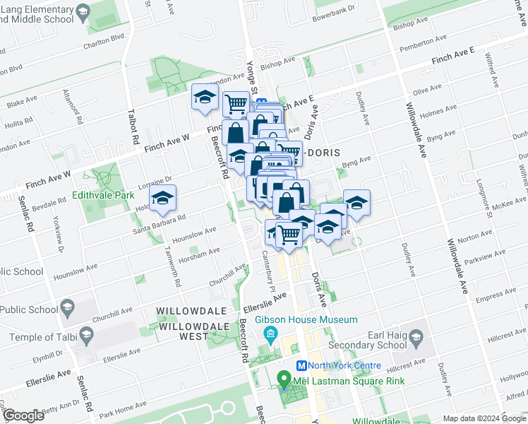 map of restaurants, bars, coffee shops, grocery stores, and more near in Toronto