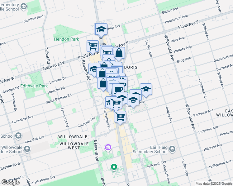 map of restaurants, bars, coffee shops, grocery stores, and more near 10 Northtown Way in Toronto